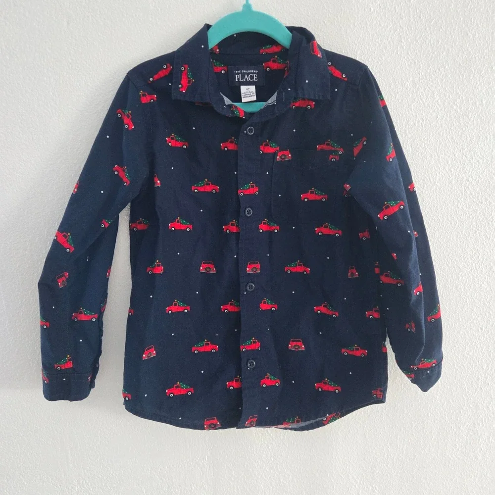 The Childrens Place Boys Navy Christmas Red‎ Truck Tree Button Down Shirt 5T